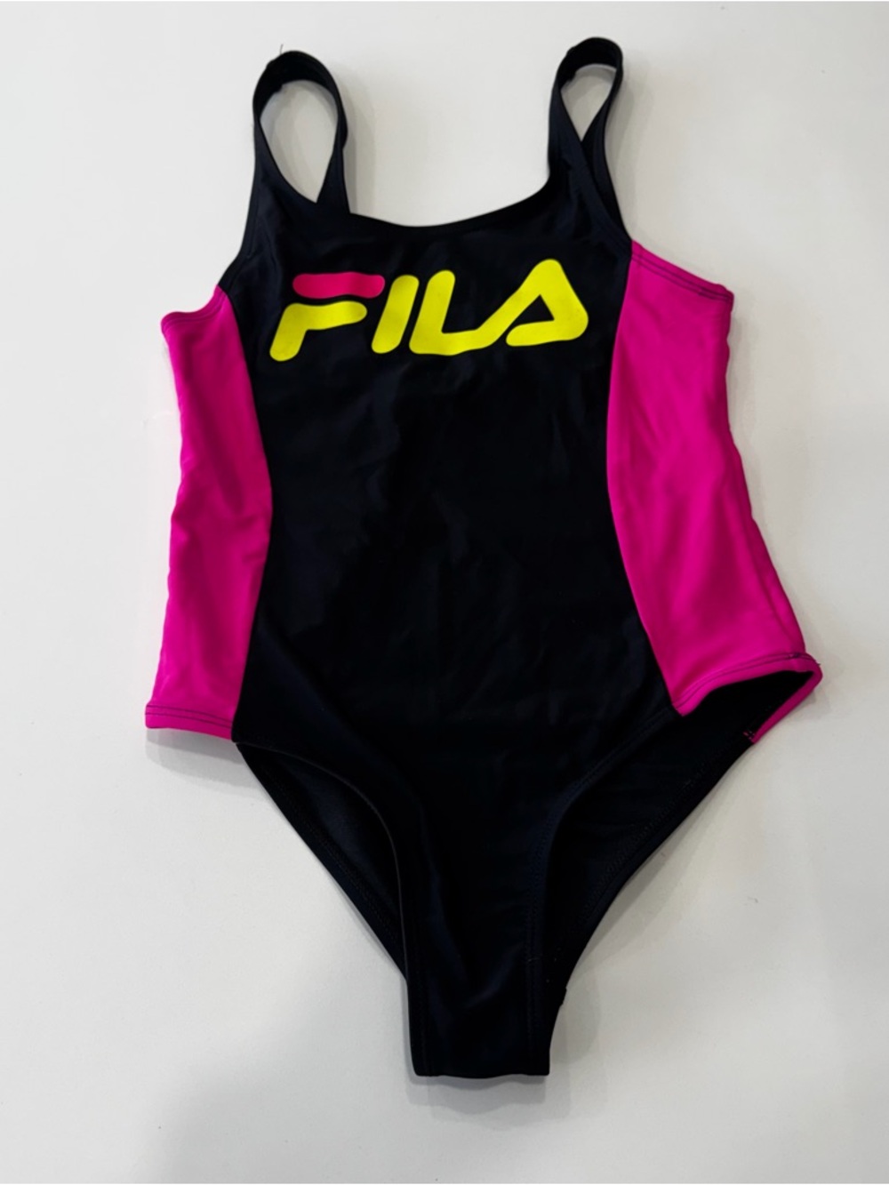 FILA Kids' Black & Pink One-Piece Swimsuit with Yellow Logo Size 10
